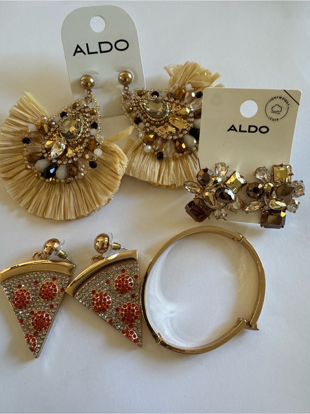 ALDO Gold and Beige Beaded Statement Earrings and Bracelet Set